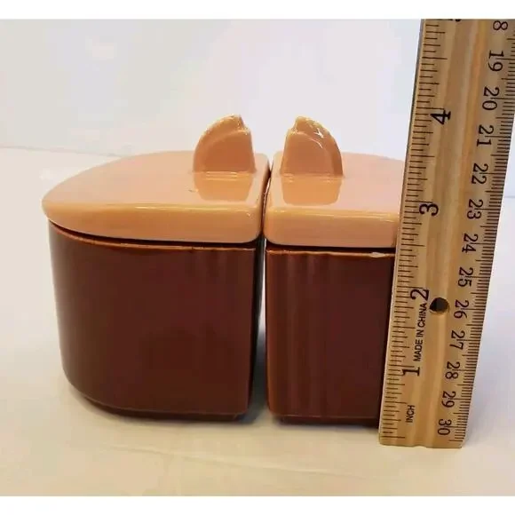 Vintage Art Deco Franciscan Ware Condiment Jars w/ Lids Underplate Pink & Maroon - Picture 13 of 13